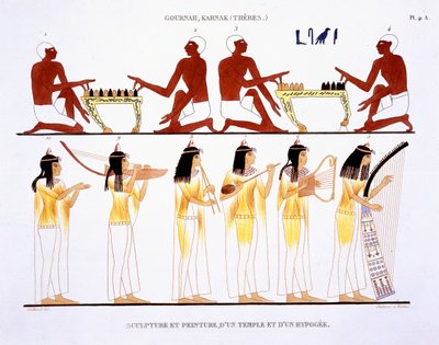 Men Gaming and Women Playing Instruments (from a Rare Record of Frescoes from Thebes, recorded 1819-1822 on his second visit to Egypt by Frederic Cailliaud) by Frederic Cailliaud
